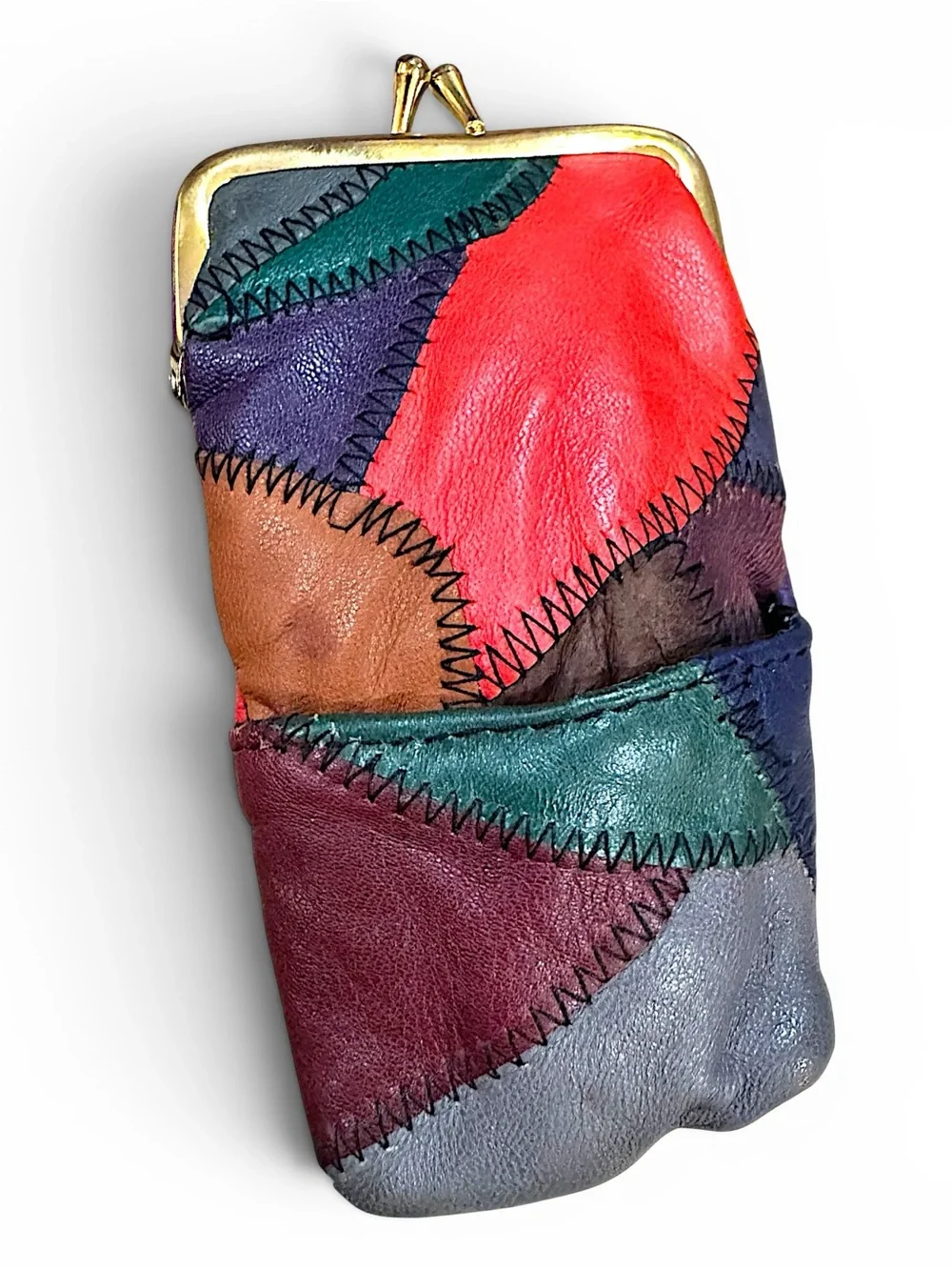 Vintage Genuine Leather Patchwork Cigarette Case Kiss Lock